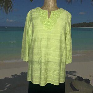 Alfred Dunner Women's Size 16 Lime Green Beaded Tunic Top Boho Chic Lagenlook